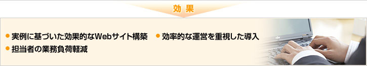 効果: 実例に基づいた効果的なWebサイト構築、担当者の業務負荷軽減、効率的な運営を重視した導入